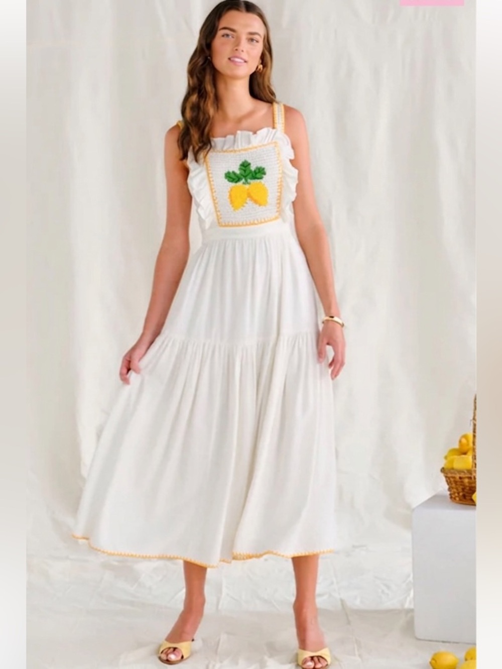 Saylor Kathy Midi Cotton Dress Lemon print Embroidered white summer Sz M Coastal - Picture 2 of 12